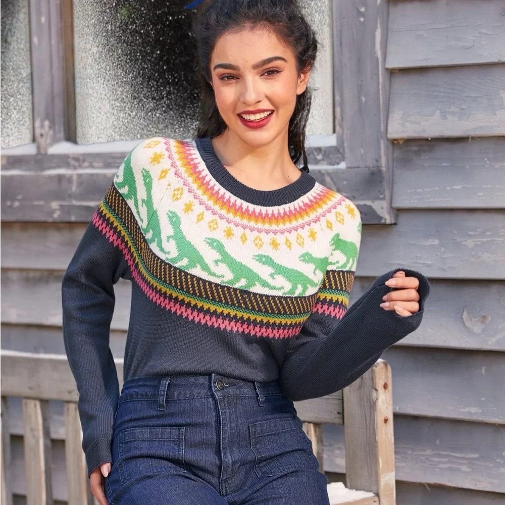 Modcloth Retro Charm Raglan Dinosaur Fair Isle Sweater - Picture 2 of 12